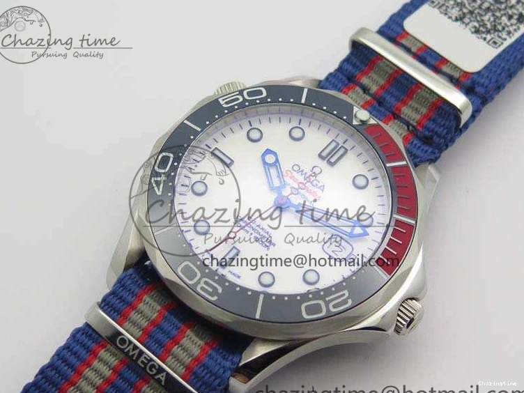 0213 FashionForward Seamaster 300M 007 SS URF 1:1 Best Edition White Dial Ceramic Bezel On Nylon Strap A2507(Free SS Bracelet) 8118